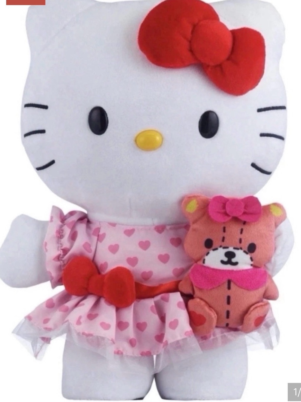 White Hello Kitty Style Plush with Pink Heart Dress and Red Bow